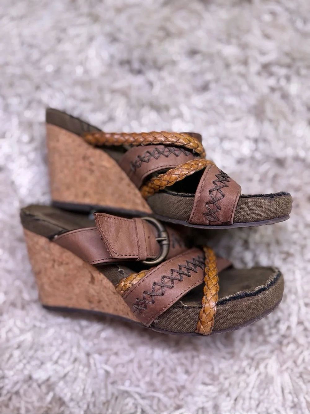 Skechers Modiste Electric Bond Brown Leather Cork Wedge Sandals Size 5
